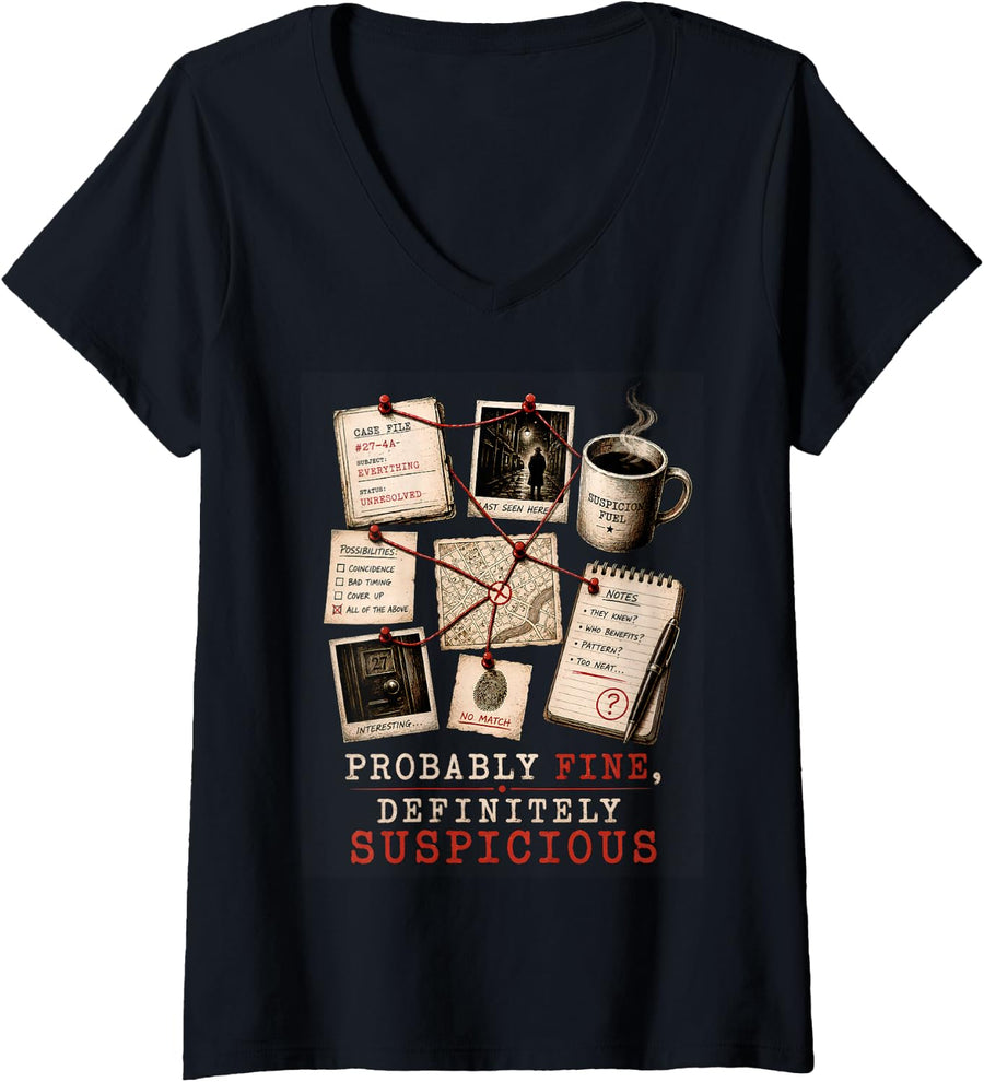 Women's Probably Fine Definitely Suspicious True Crime Gifts V-Neck T-Shirt - Black