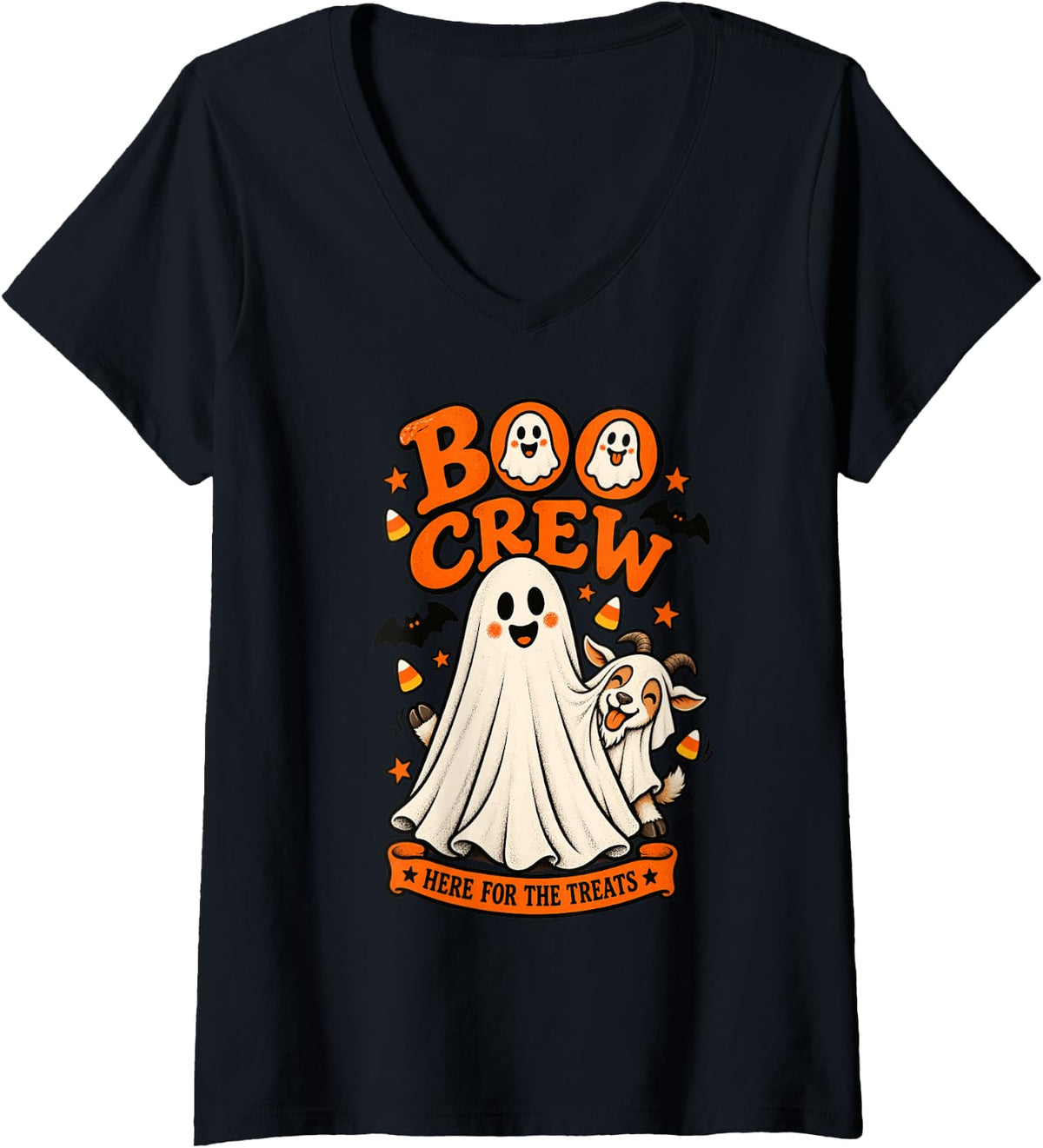 Women's Goat Boo Crew Here for the Treats Halloween Animal Lover V-Neck T-Shirt - Black