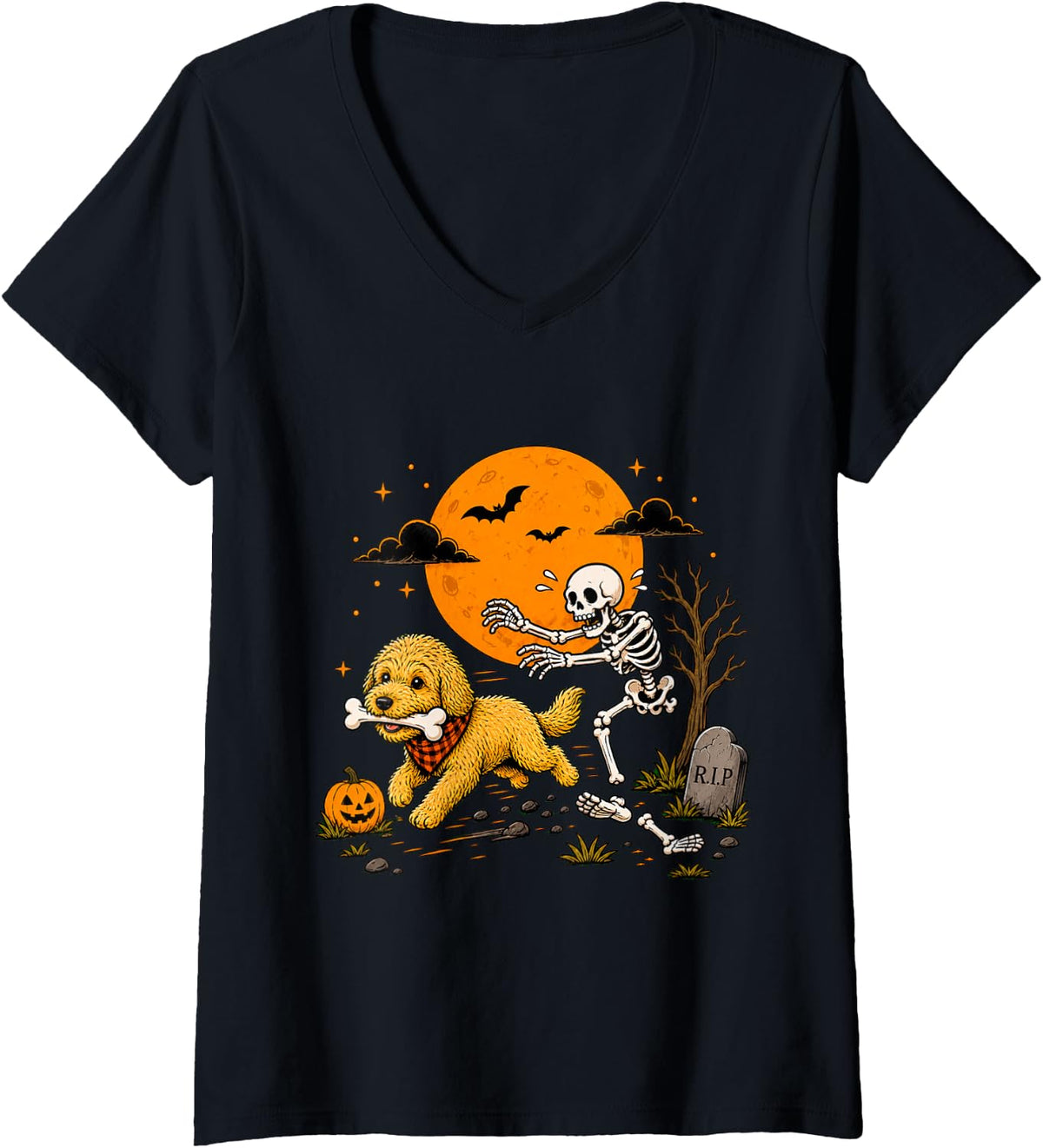 Women's Halloween Dog Skeleton Funny Goldendoodle Men Women V-Neck T-Shirt - Black