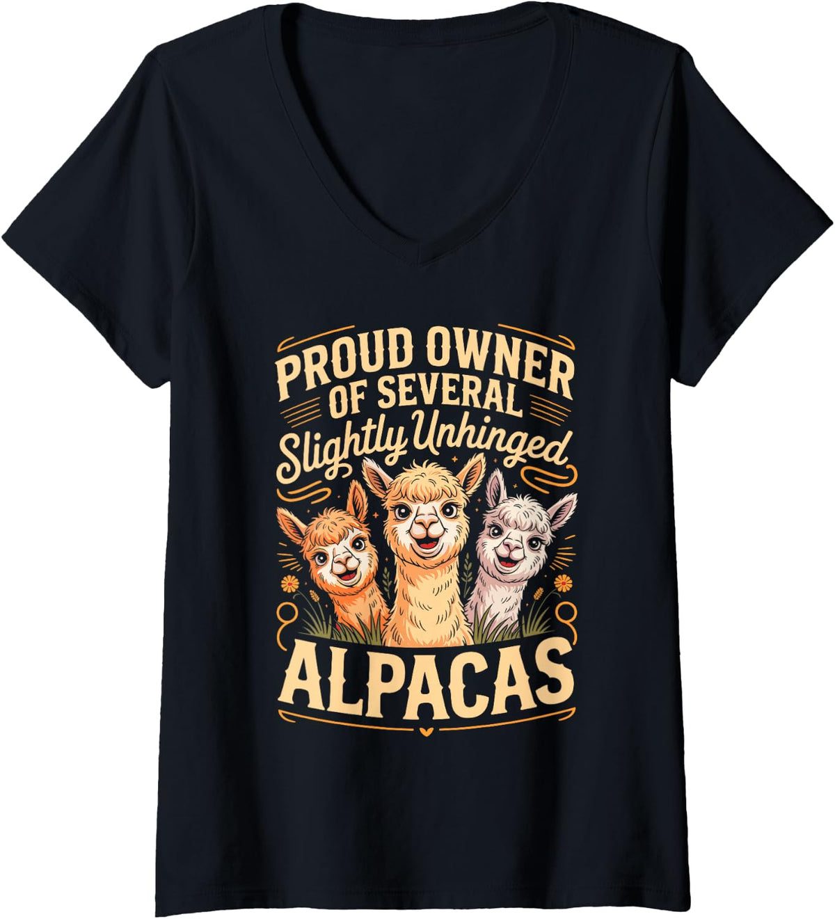 Women's Proud Owner of Several Slightly Unhinged Alpacas Farmer V-Neck T-Shirt - Black
