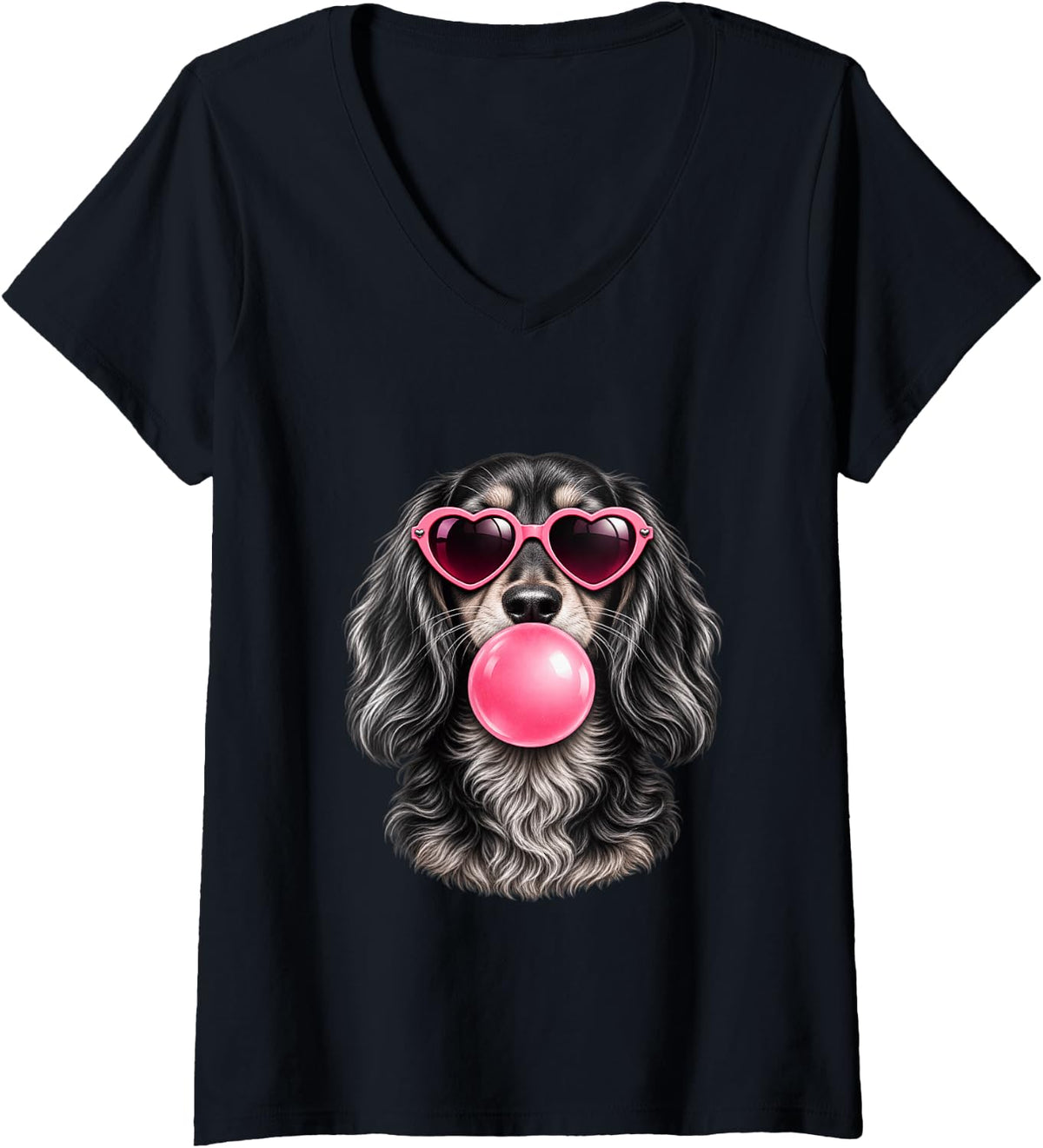 Women's Cool Cocker Spaniel, Heart Sunglasses V-Neck T-Shirt - Black