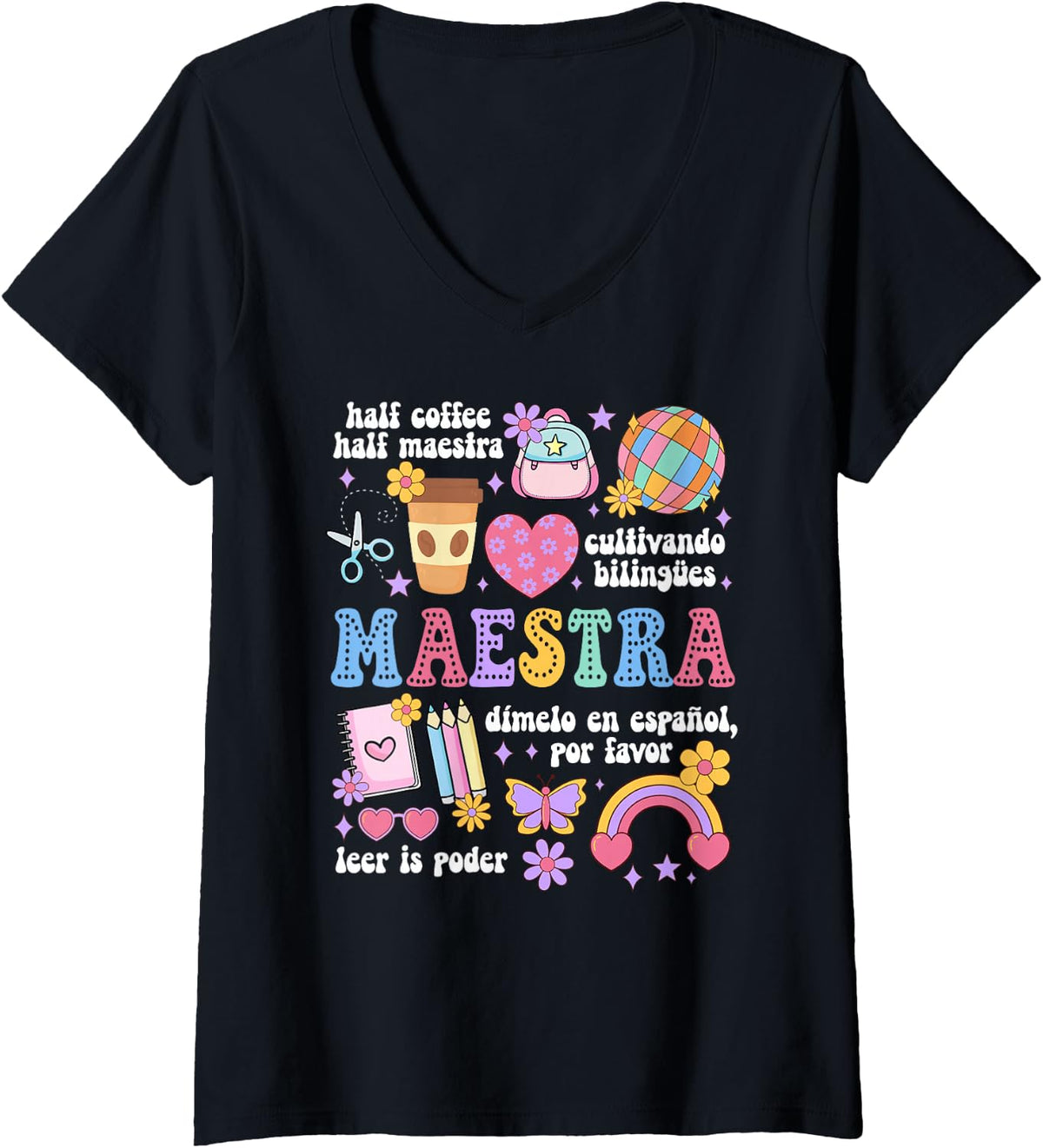 Womens Groovy Maestra De Español Spanish Teacher Maestra Bilingue V-Neck T-Shirt - Black