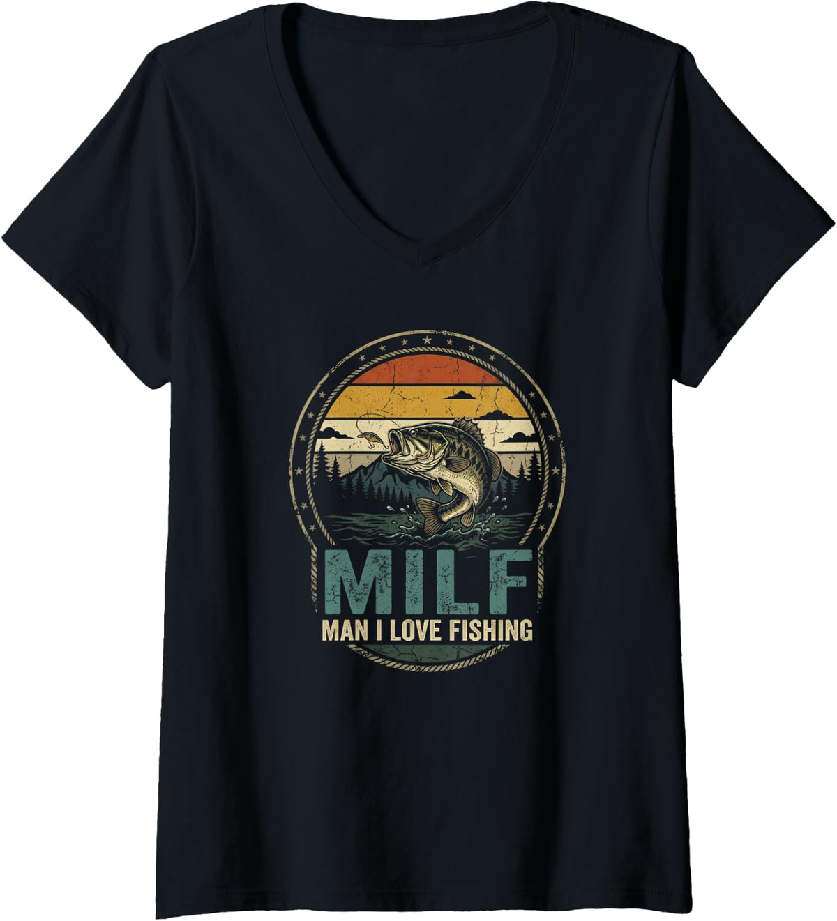 Women's Fishing Girl Angler Challenge Largemouth Bass Lake Humor V-Neck T-Shirt - Black