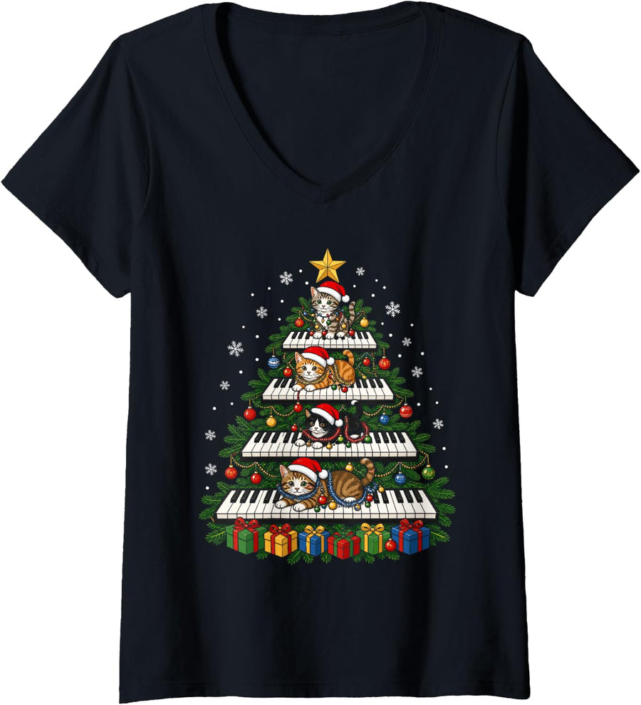 Women's Christmas Tree Piano Keys Cats Pianist V-Neck T-Shirt - Black