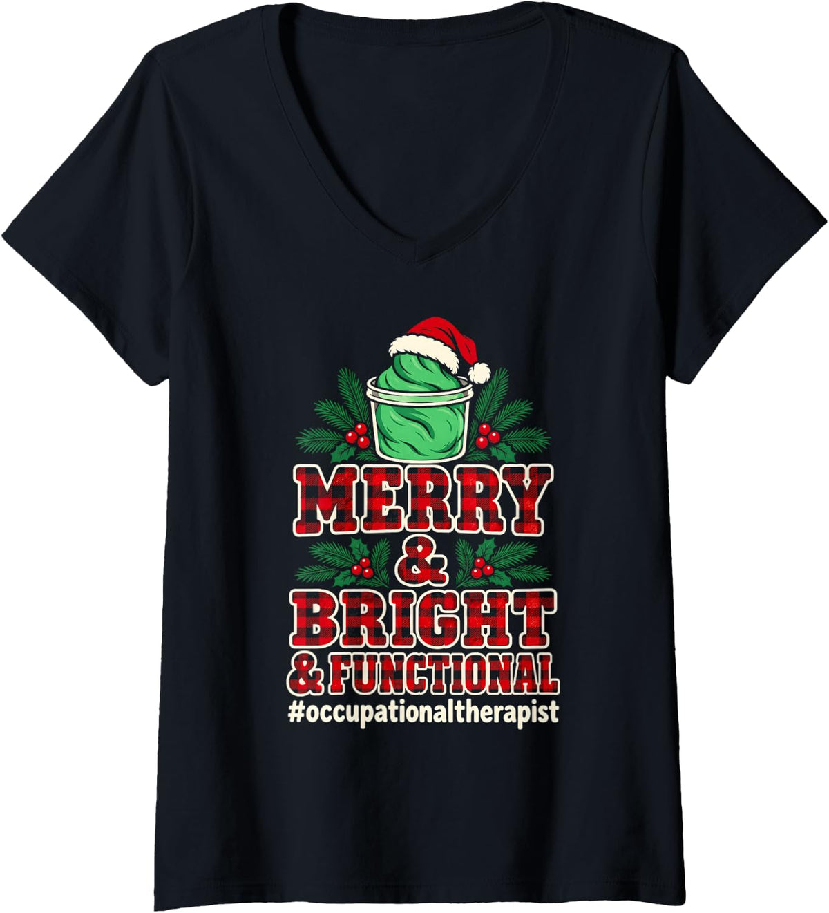 Women's Merry Functional Occupational Therapist Christmas V-Neck T-Shirt - Black