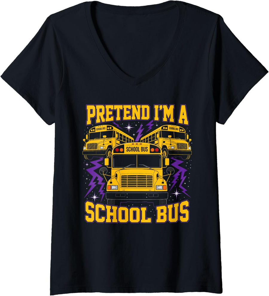 Women's Pretend Im A School Bus Funny V-Neck T-Shirt - Black