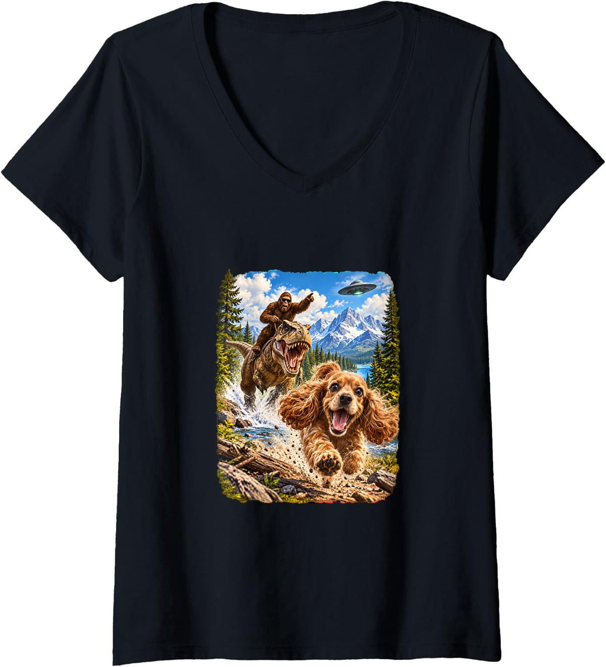 Women's Cocker Spaniel Bigfoot T Rex UFO Selfie Gifts Men Women Kid V-Neck T-Shirt - Black