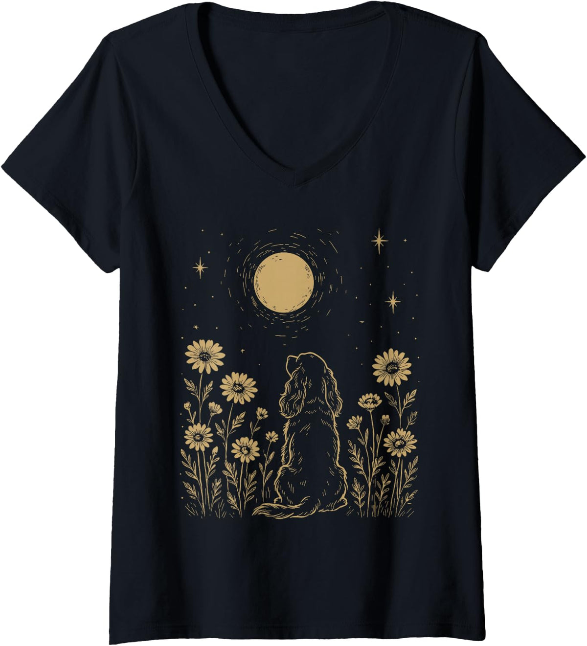 Women's English Cocker Spaniel Moon Minimalist Boho Dog Night Flower V-Neck T-Shirt - Black