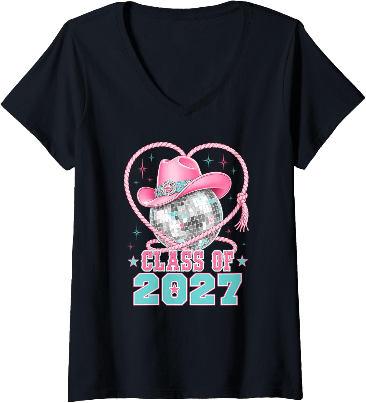 Women's Class of 2027 Cowgirl Hat Disco Ball Western School Senior V-Neck T-Shirt - Black