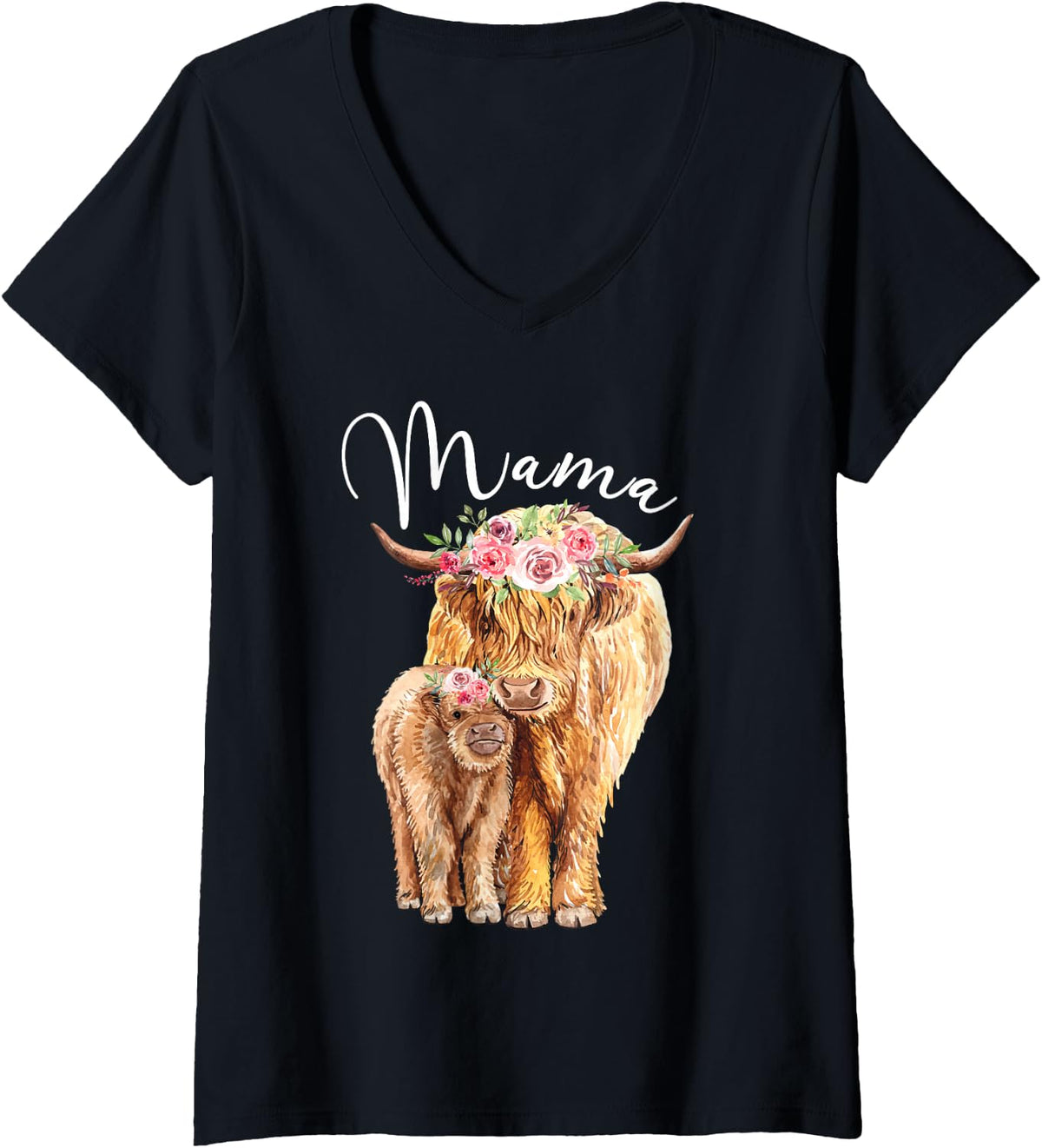 Womens Mama Highland Cow With Baby Calf Floral Mothers Day Mom Gift V-Neck T-Shirt - Black