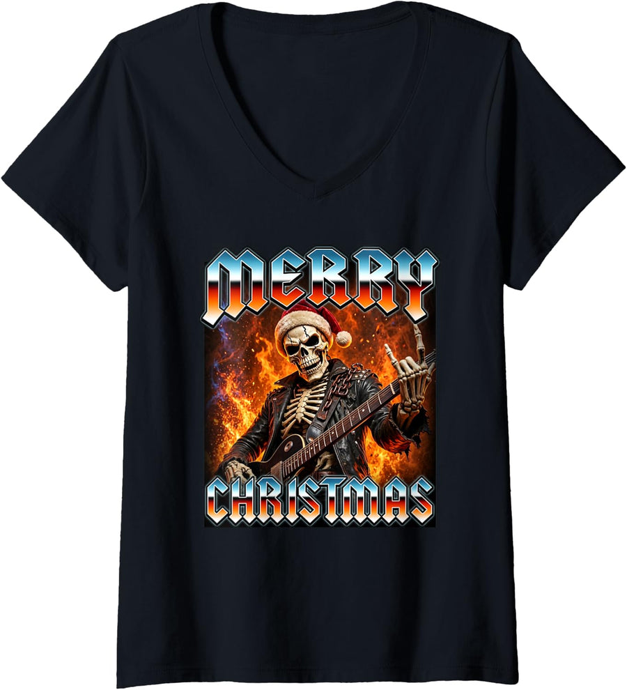 Women's Merry Christmas Heavy Metal Band Death Metal Santa Funny V-Neck T-Shirt - Black