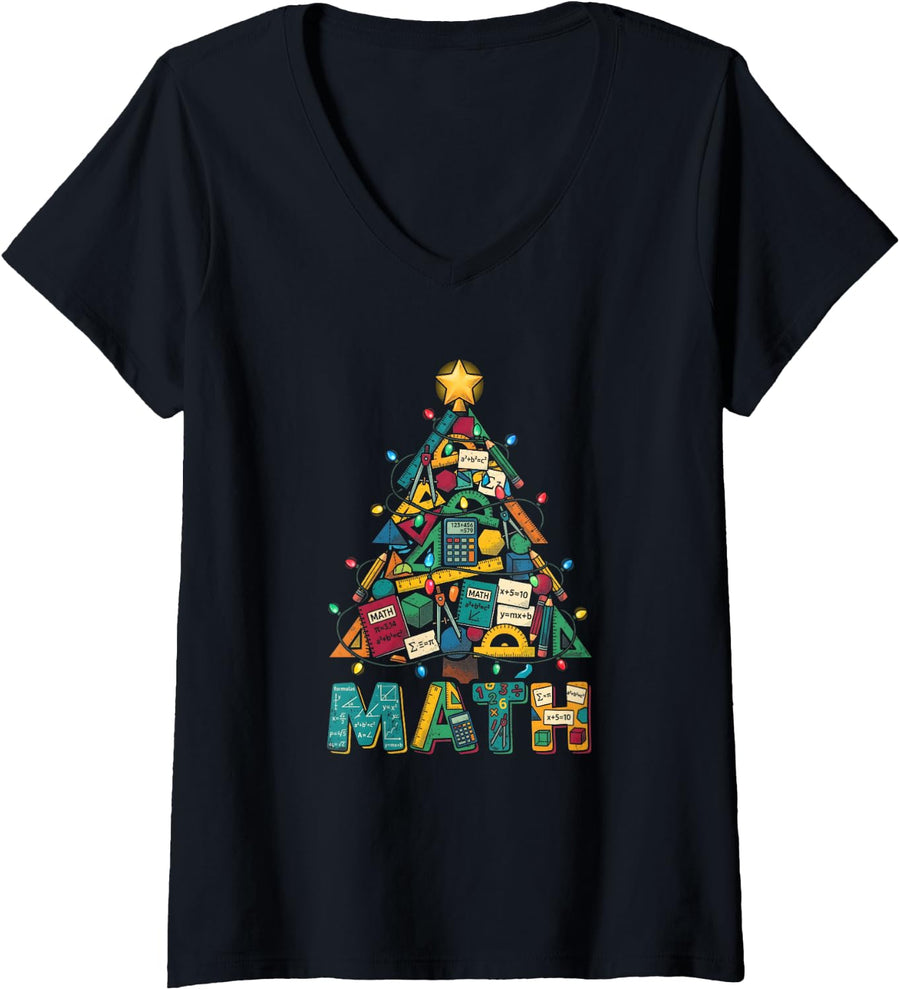 Women's Funny Math Christmas Tree Math Teacher Xmas V-Neck T-Shirt - Black