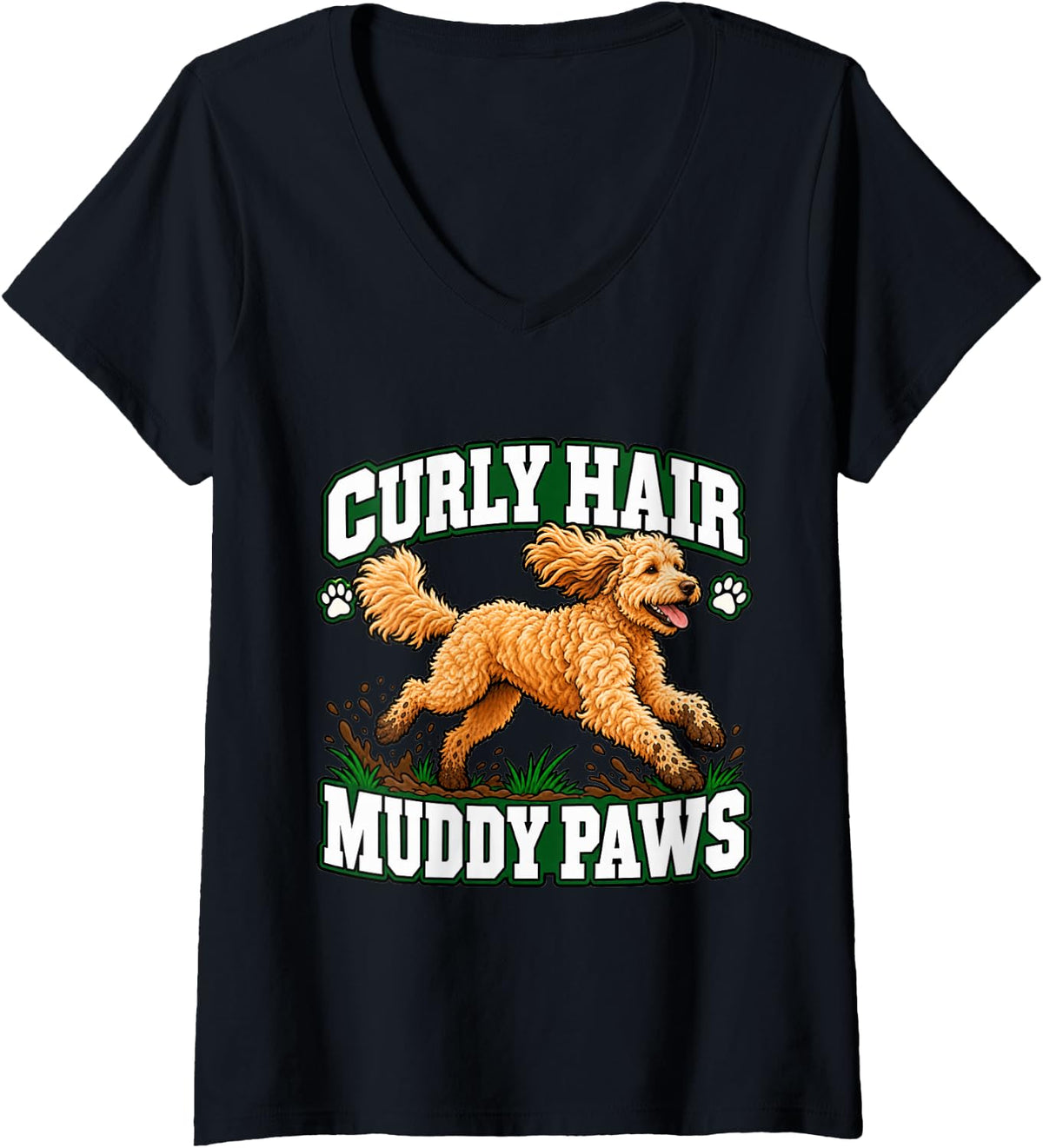 Women's Goldendoodle Curly Hair Muddy Paws Doodle Dad Funny Pup V-Neck T-Shirt - Black