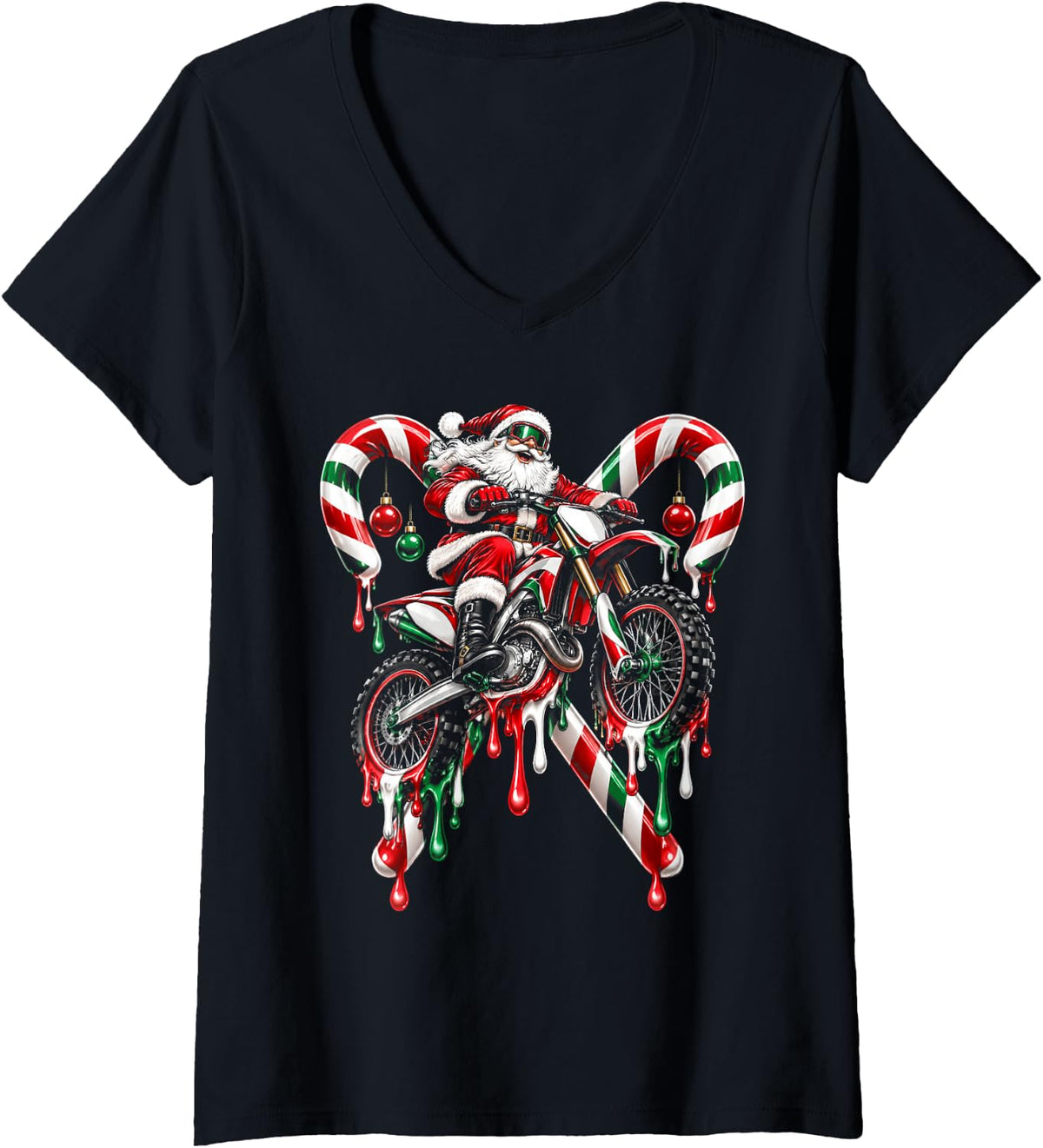 Women's Motocross Christmas Santa Dirt Bike Funny Xmas V-Neck T-Shirt - Black