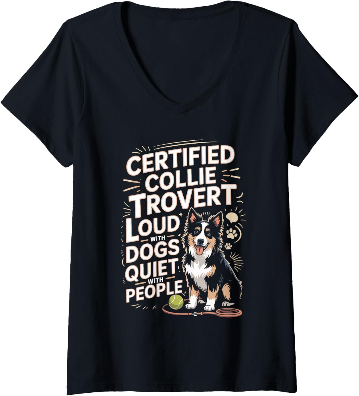 Women's Certified Collie Trovert Loud with Dogs Quiet with People V-Neck T-Shirt - Black