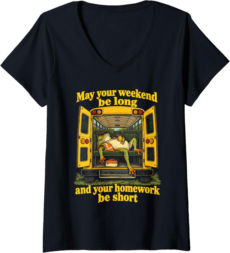 Women's Frog School Bus Driver Life Vintage Funny V-Neck T-Shirt - Black