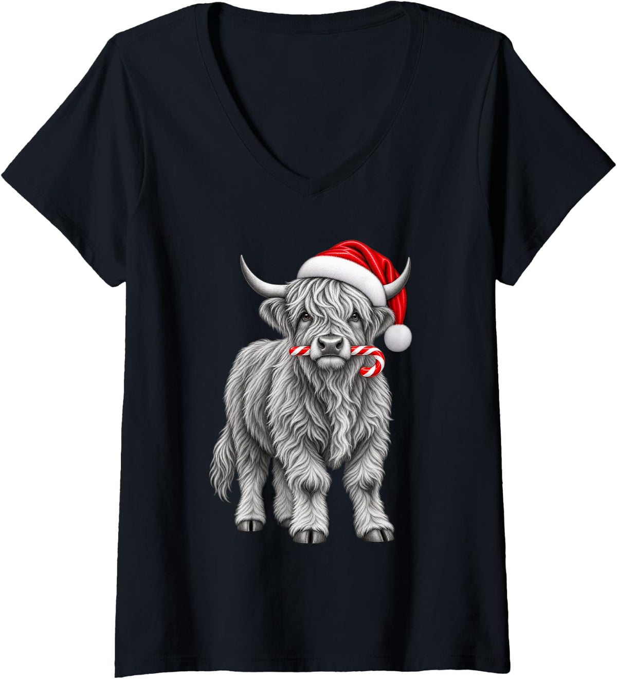 Women's Highland Cow Christmas Santa Hat Candy Cane Xmas Animal V-Neck T-Shirt - Black