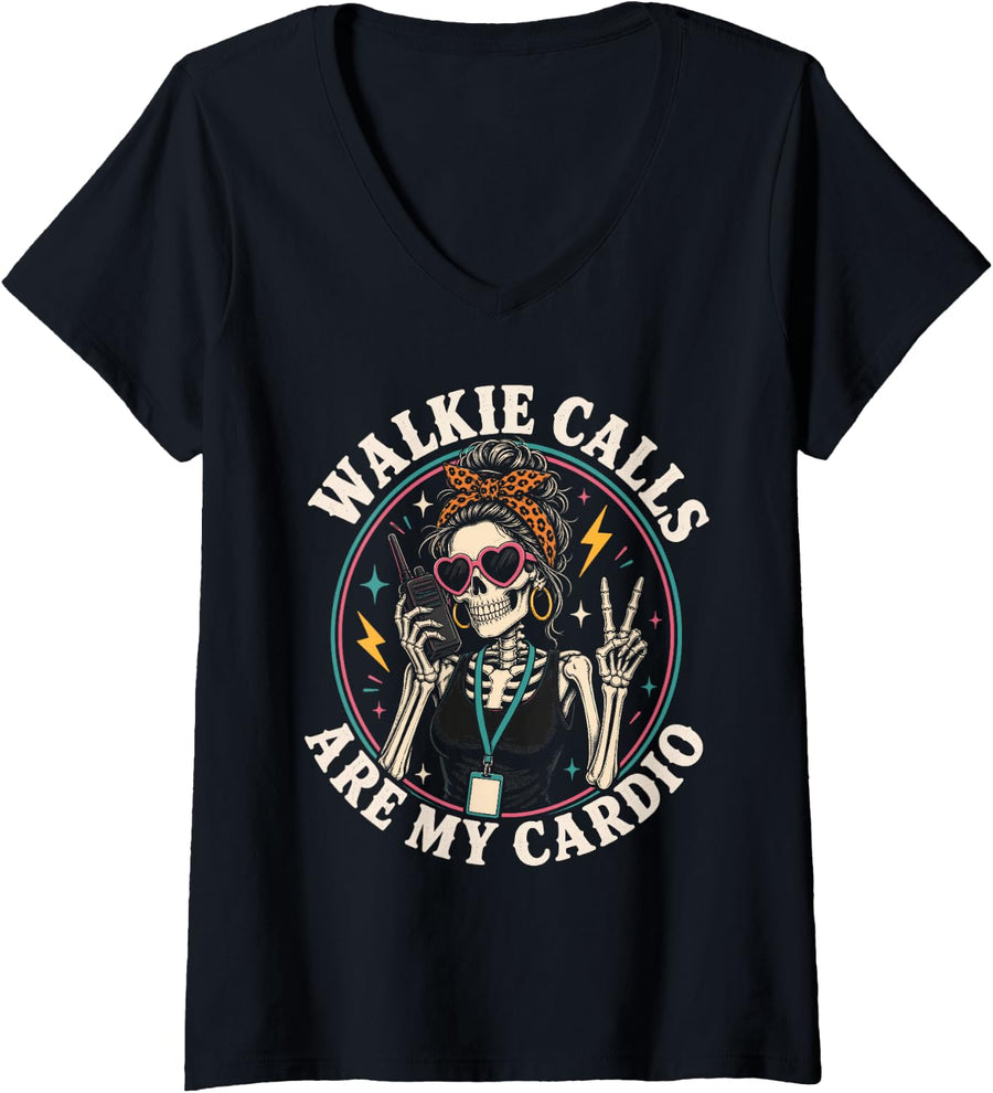 Women's Walkie Calls are My Cardio Assistant Principal School V-Neck T-Shirt - Black