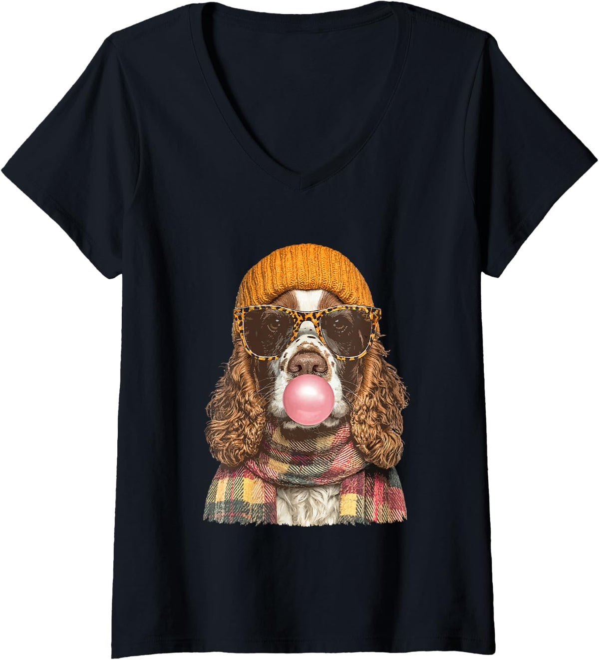 Women's Fall Cocker Spaniel with Sunglasses and Bubblegum Autumn Dog V-Neck T-Shirt - Black