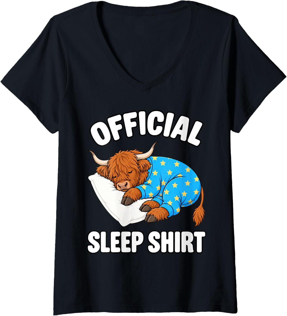 Women's Highland Cow Sleeping in Pajamas Official Sleepshirt Cute V-Neck T-Shirt - Black