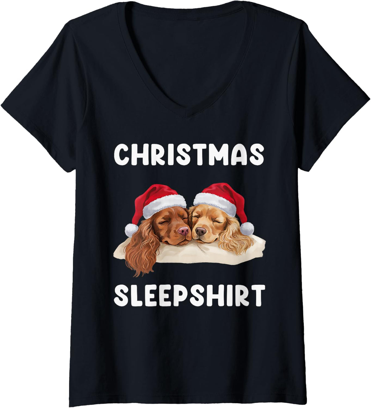 Women's Cocker Spaniel Christmas Sleepshirt Pajamas Sleeping Dogs V-Neck T-Shirt - Black