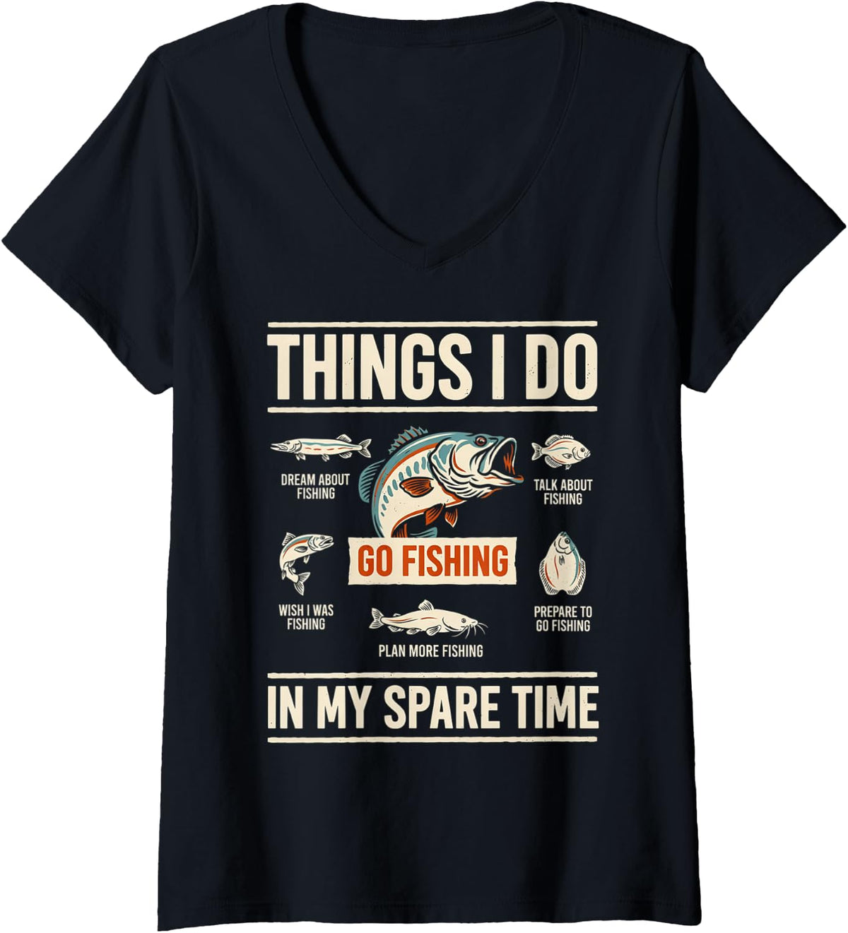 Women's Things I Do in My Spare Time Fishing Boys Men Bass Fishing V-Neck T-Shirt - Black