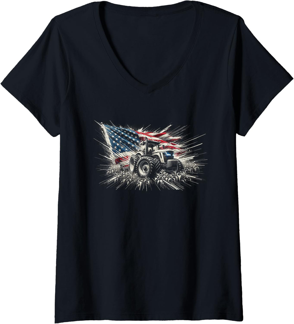Women's Farm Tractors USA Flag Patriotic Farming V-Neck T-Shirt - Black
