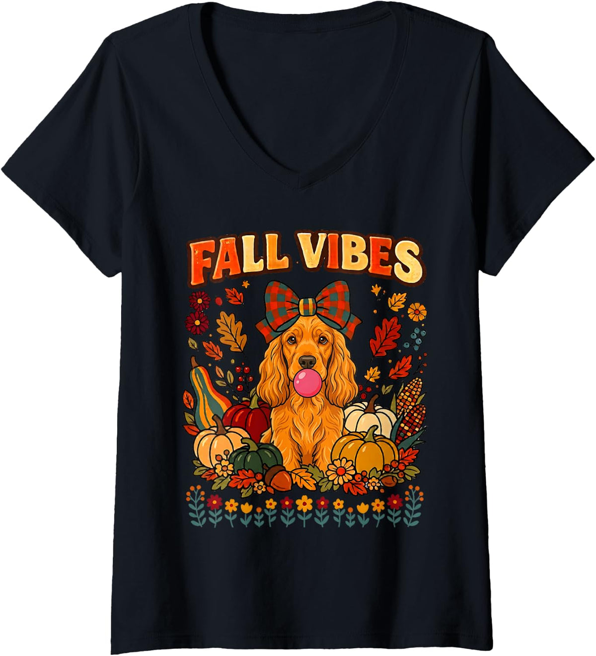 Women's Fall Vibes Cocker Spaniel Dog Coquette Pumpkin Autumn Season V-Neck T-Shirt - Black