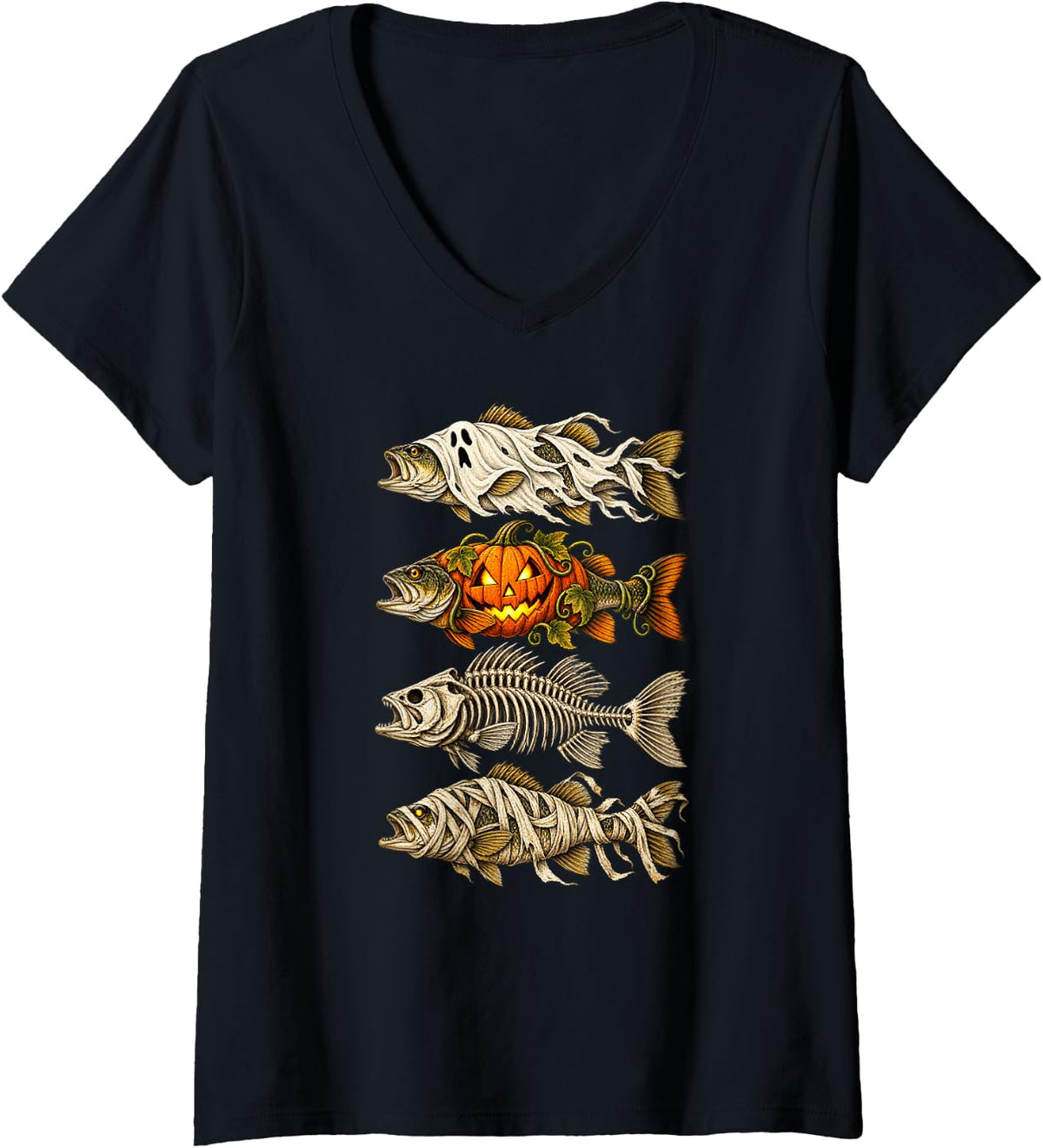 Women's Halloween Fishing Skeleton Fish Mummy Jack O Lantern V-Neck T-Shirt - Black
