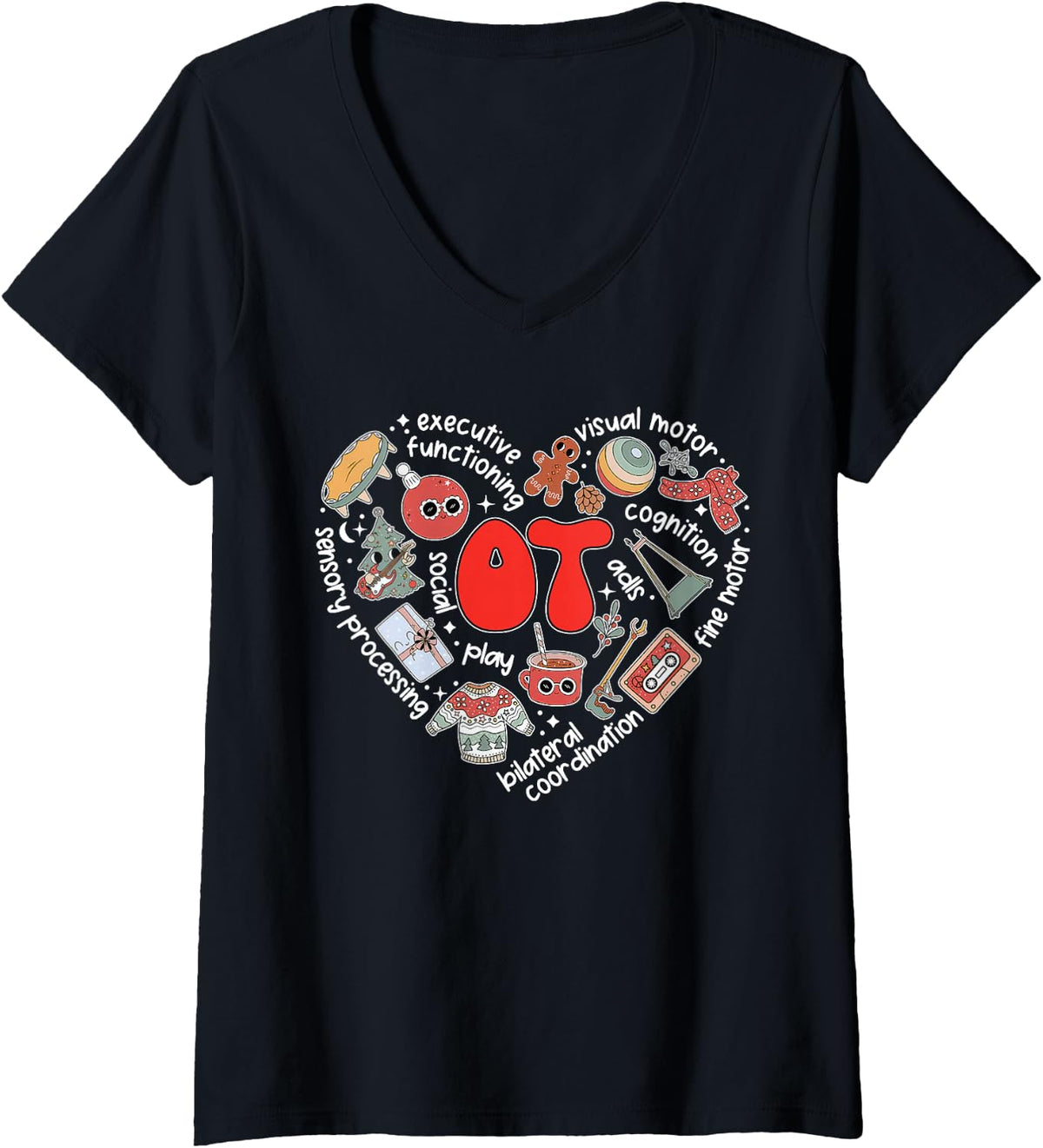 Women's OT Occupational Therapy Heart Christmas OT Therapist Xmas V-Neck T-Shirt - Black