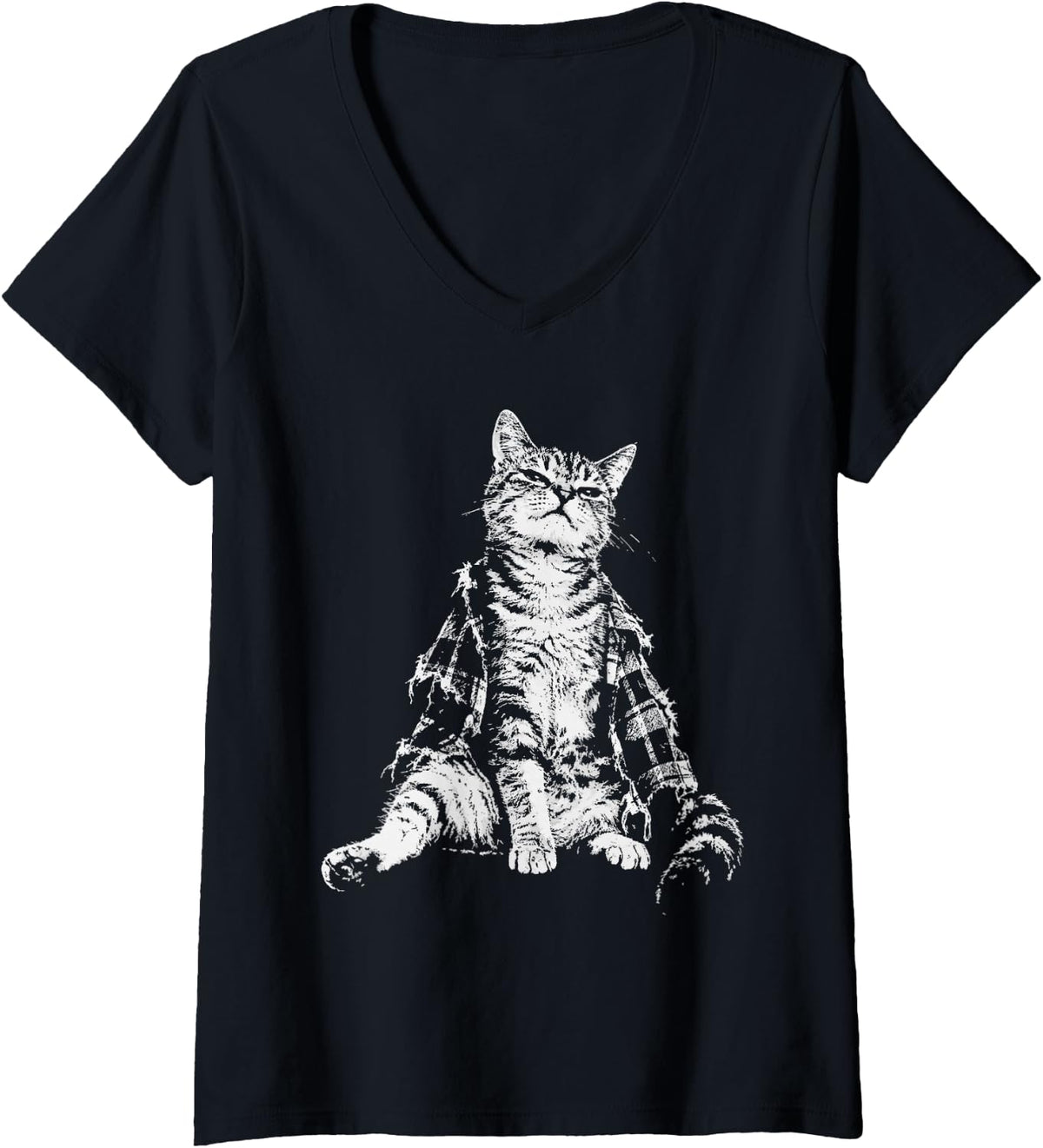 Women's Rebellious Cat 2000s Y2k Grunge Aesthetic Alternative Kitten V-Neck T-Shirt - Black