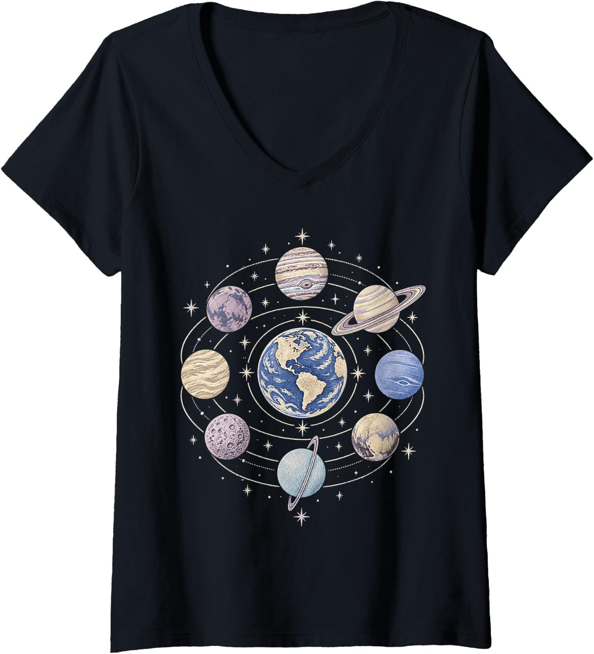 Women's Vintage Celestial Bodies Planets Outer Space Astronomy V-Neck T-Shirt - Black