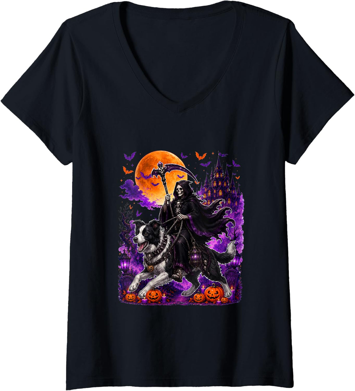 Women's Horror Skeleton Ridding Border Collie Halloween Owner Family V-Neck T-Shirt - Black