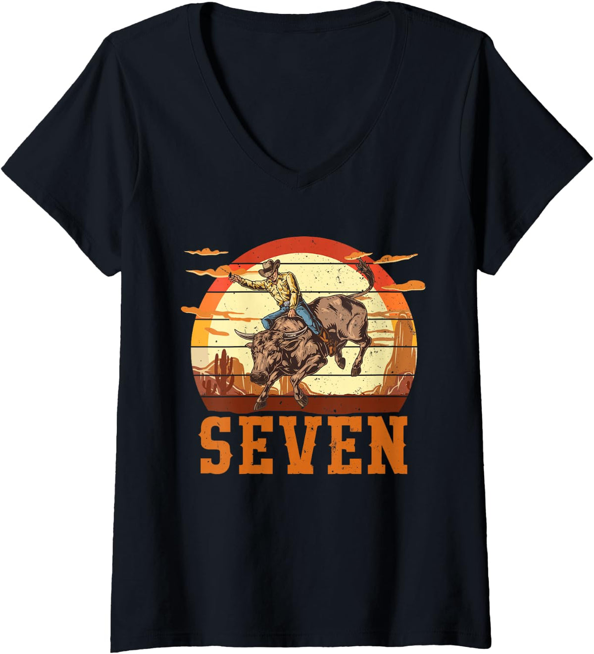 Women's Bull Riding 7th Birthday 7 Years Old Boy Cowboy Rodeo V-Neck T-Shirt - Black