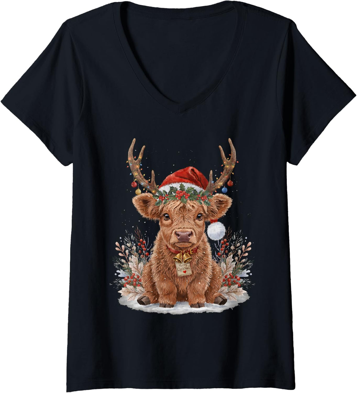 Women's Merry Christmas Highland Cow Lover Santa Holiday V-Neck T-Shirt - Black
