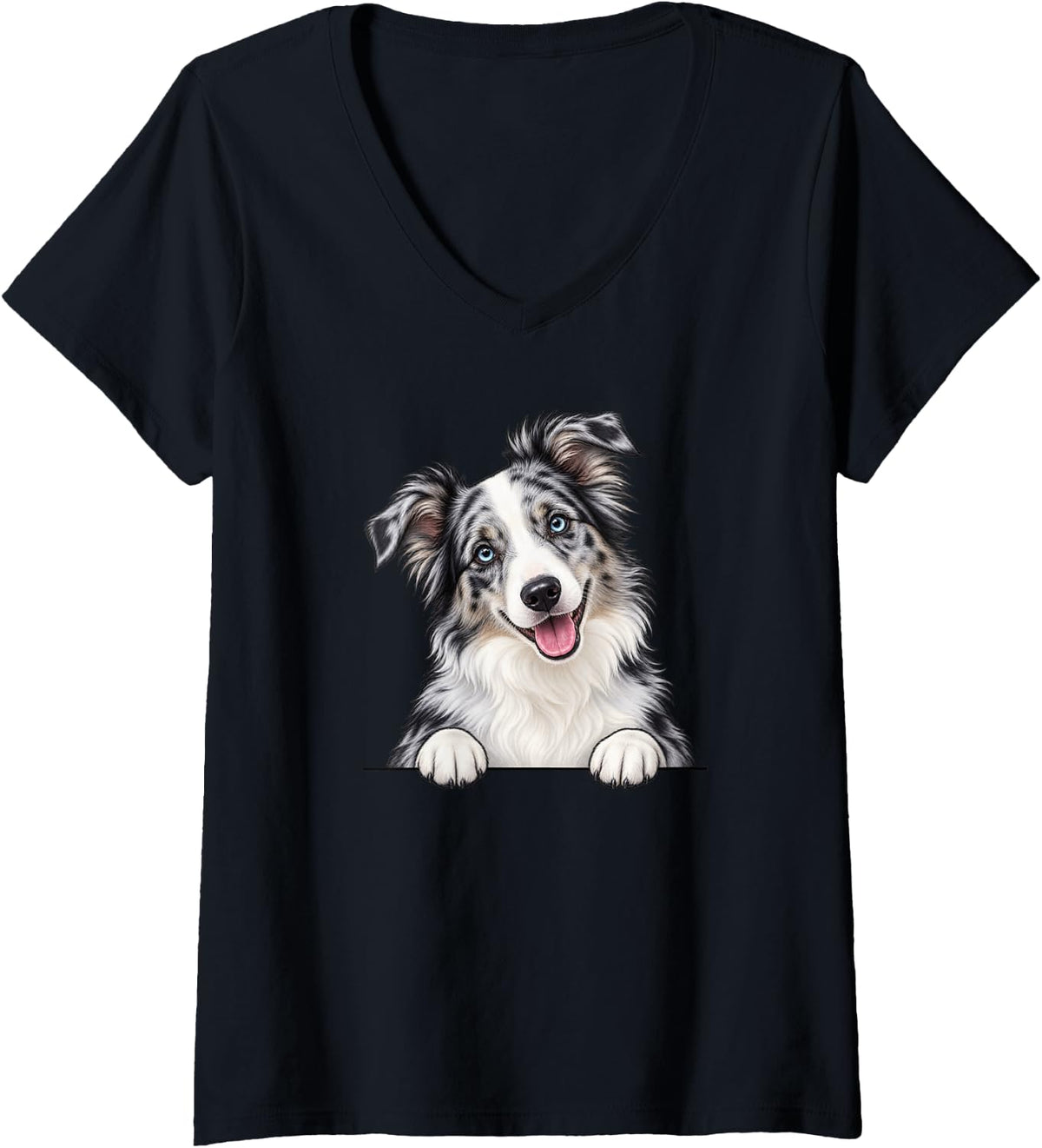 Women's Womens Mom Peeking Pocket Blue Merle Border Collie Lover V-Neck T-Shirt - Black