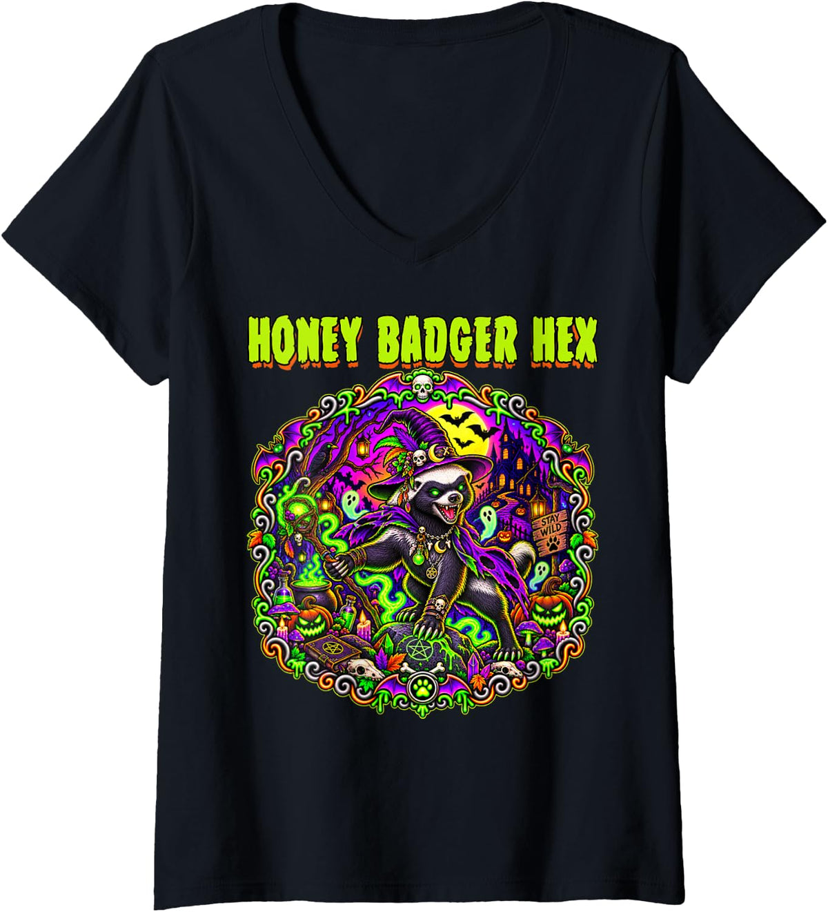 Women's Honey Badger Hex Witch Ghosts Spooky Scary Haunted Horror V-Neck T-Shirt - Black