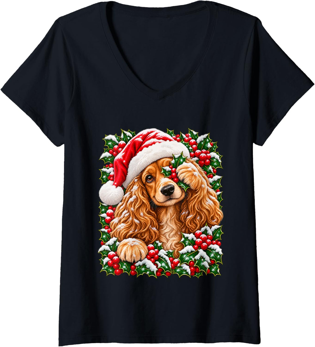 Women's Christmas Cocker Spaniel Peeking with Holly Berries Dog Xmas V-Neck T-Shirt - Black