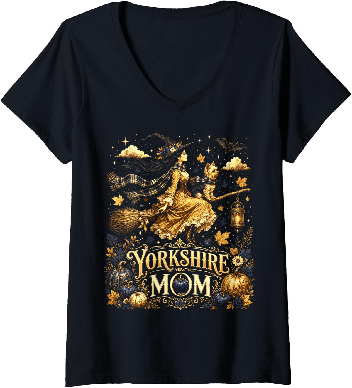 Women's Halloween Witch Mom Yorkshire Terrier Yorkie Dog Lover V-Neck T-Shirt - Black