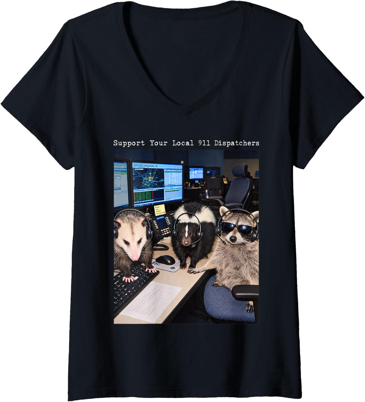 Women's Support Your Local 911 Dispatchers Raccoon Possum Skunk V-Neck T-Shirt - Black