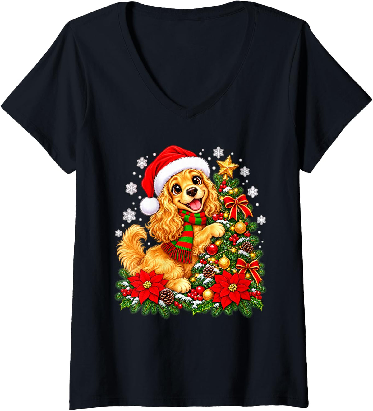 Women's Christmas Tree Cocker Spaniel Santa Hat Men Women Kids V-Neck T-Shirt - Black