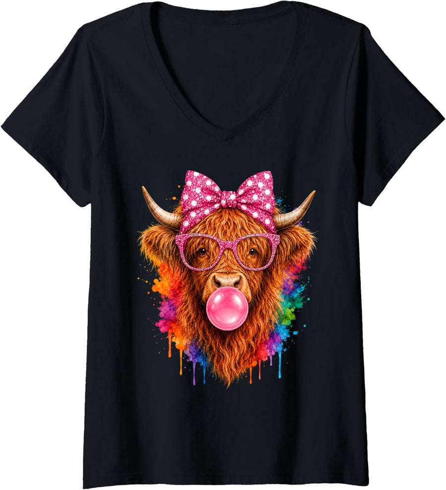 Women's Highland Cow Funny Coquette Girls Women Cute Highland Cow V-Neck T-Shirt - Black