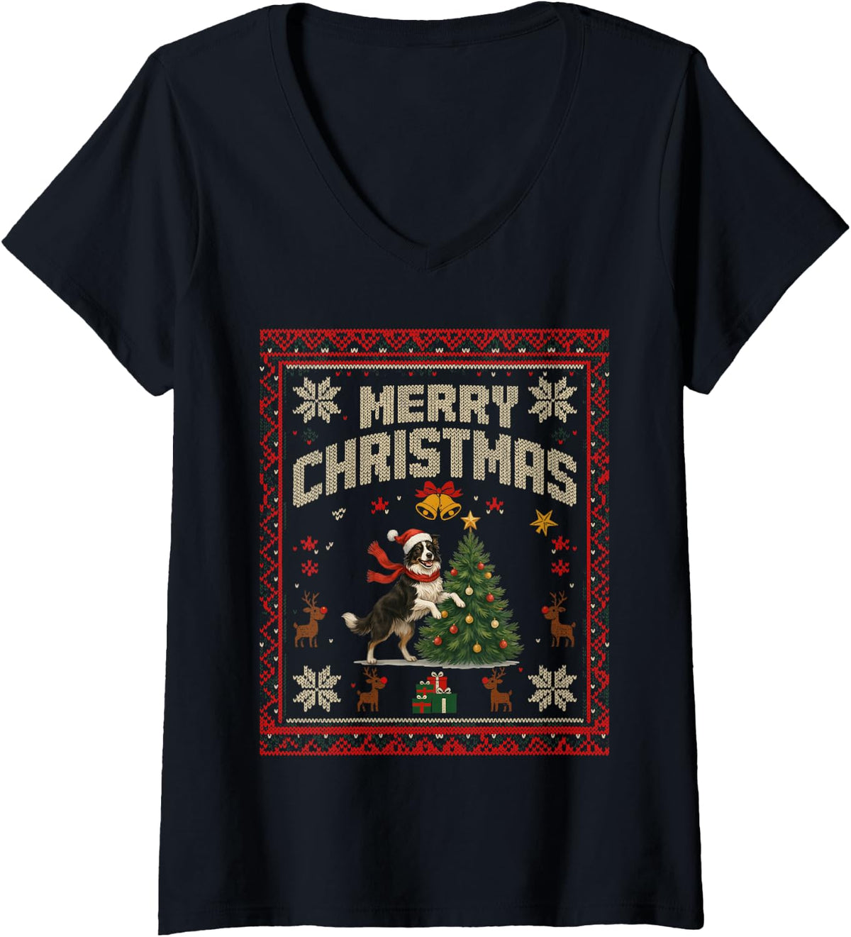 Women's Festive Border Collie Merry Christmas Tree Dog Mom Dad Lover V-Neck T-Shirt - Black
