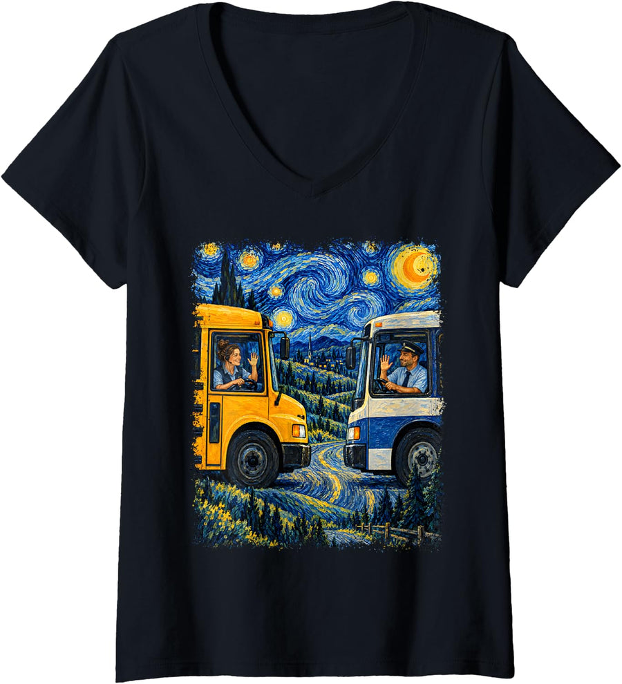 Women's Transit Bus Driver Wave School Bus Driving Night Sky V-Neck T-Shirt - Black
