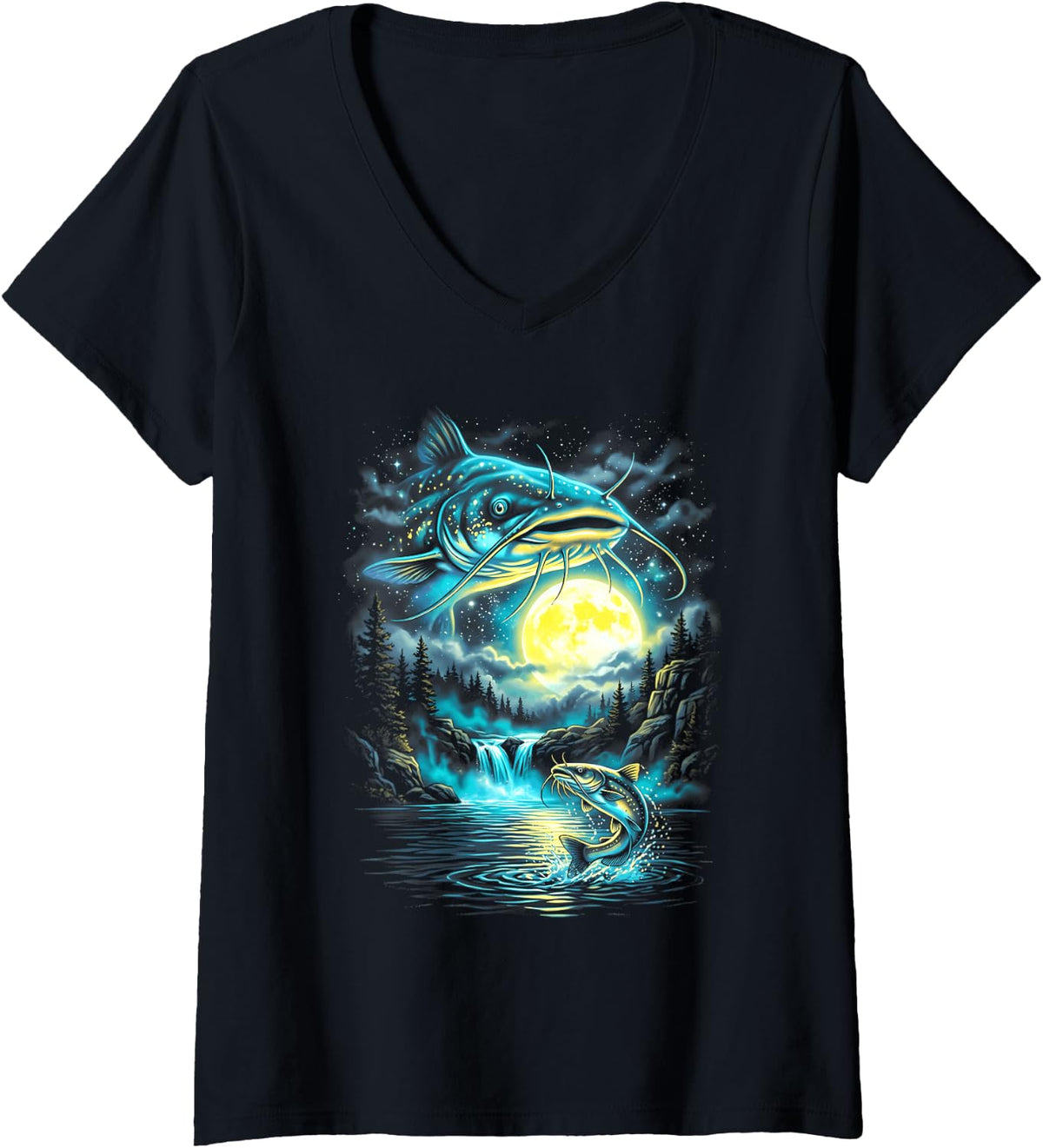 Women's Catfish Howling to The Moon Vintage Angler Fisherman V-Neck T-Shirt - Black