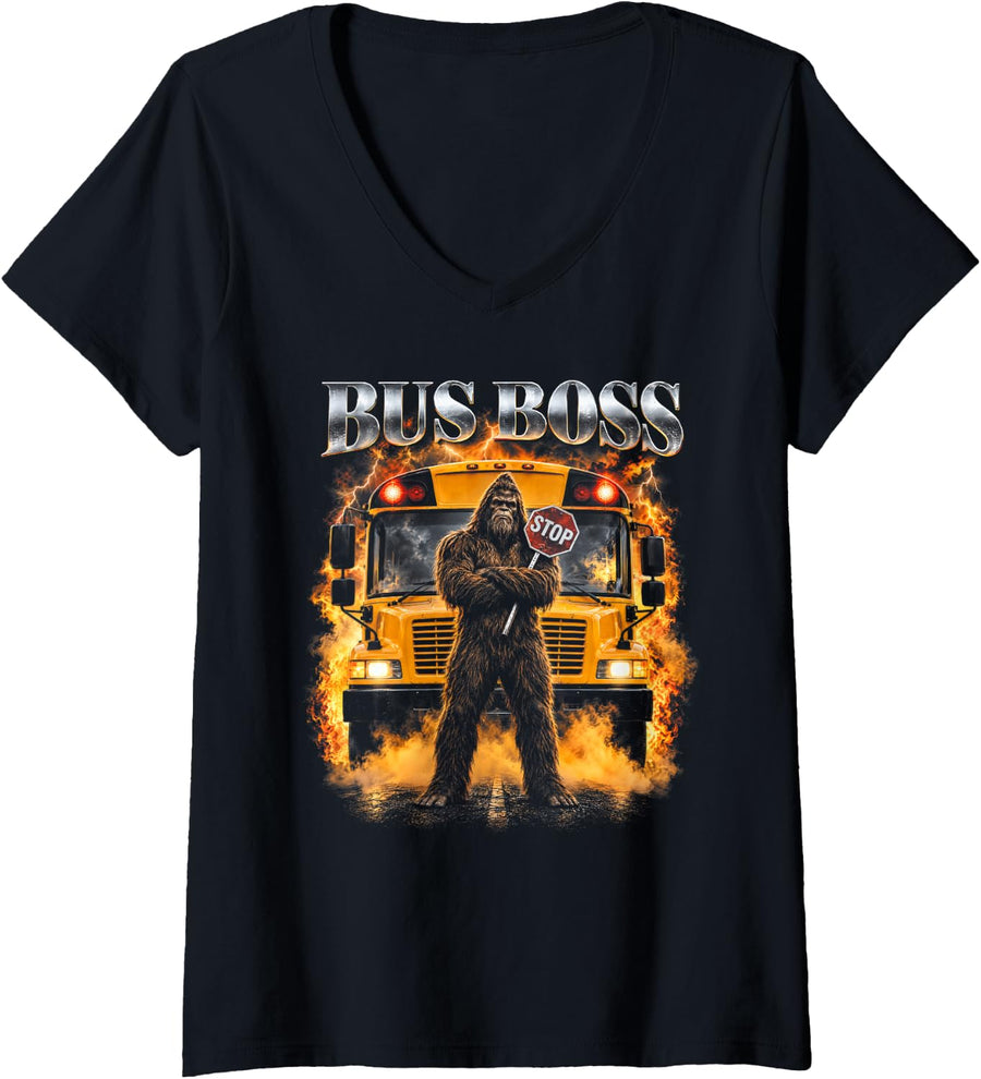 Women's Bus Boss School Bus Driver Bigfoot Bootleg Funny V-Neck T-Shirt - Black