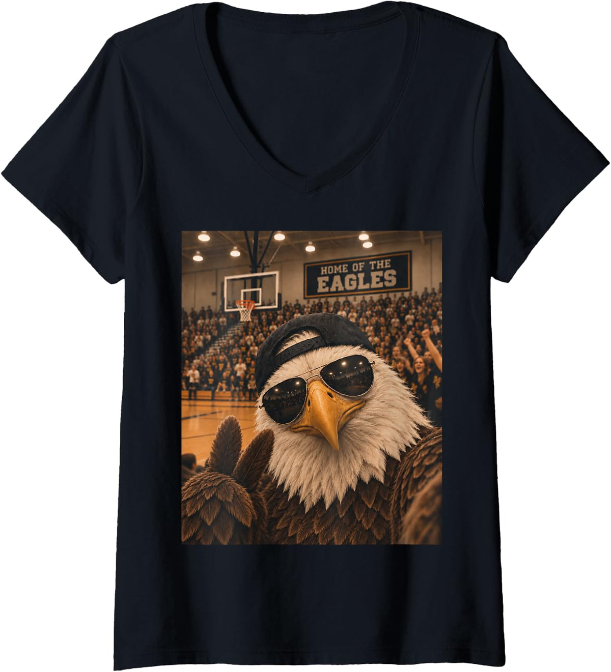 Women's Eagle Selfie Funny Basketball Vintage Game Day Cool Mascot V-Neck T-Shirt - Black