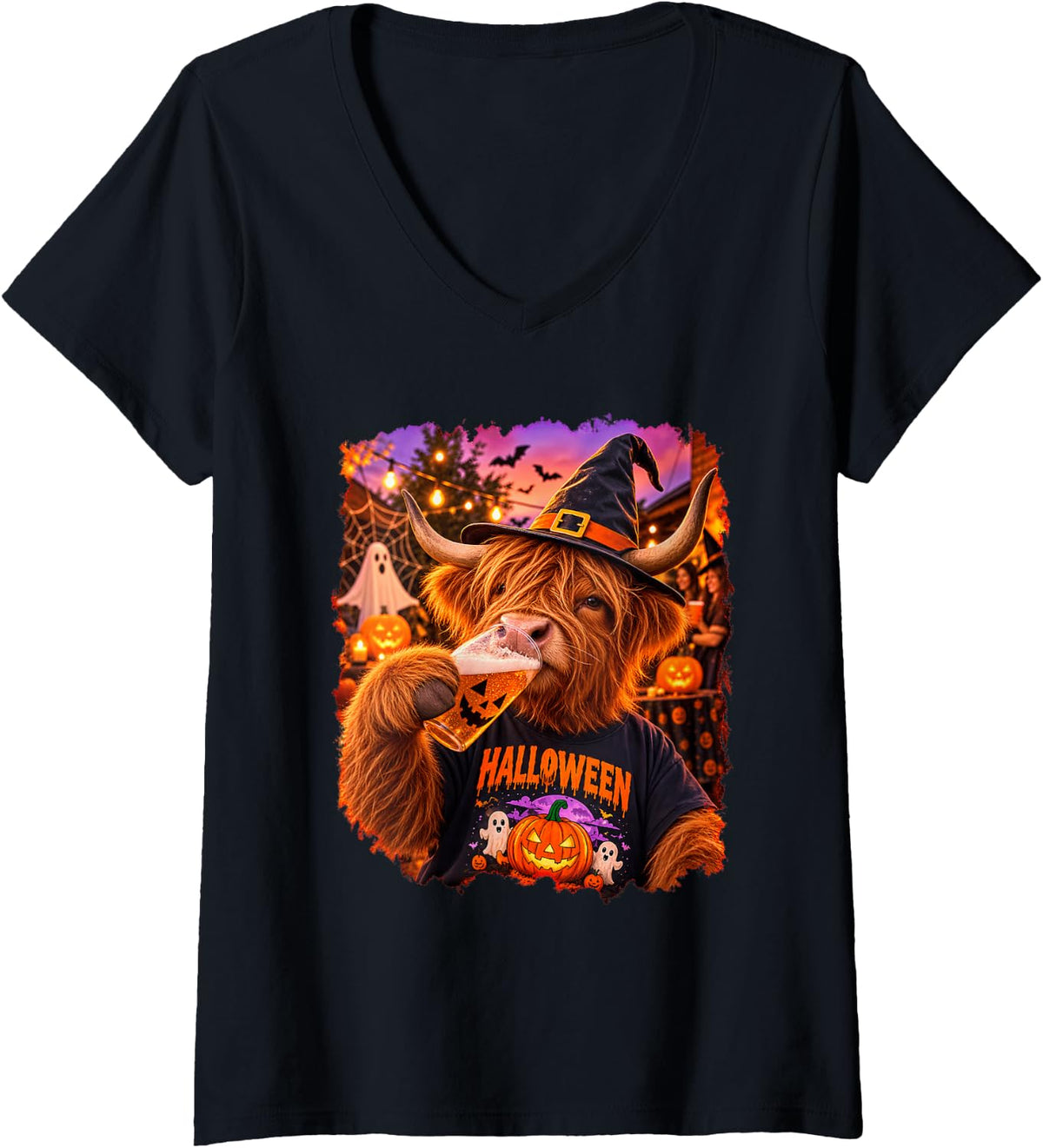 Women's Halloween Highland Cow Drinking Pumpkin Cup Funny Costume V-Neck T-Shirt - Black