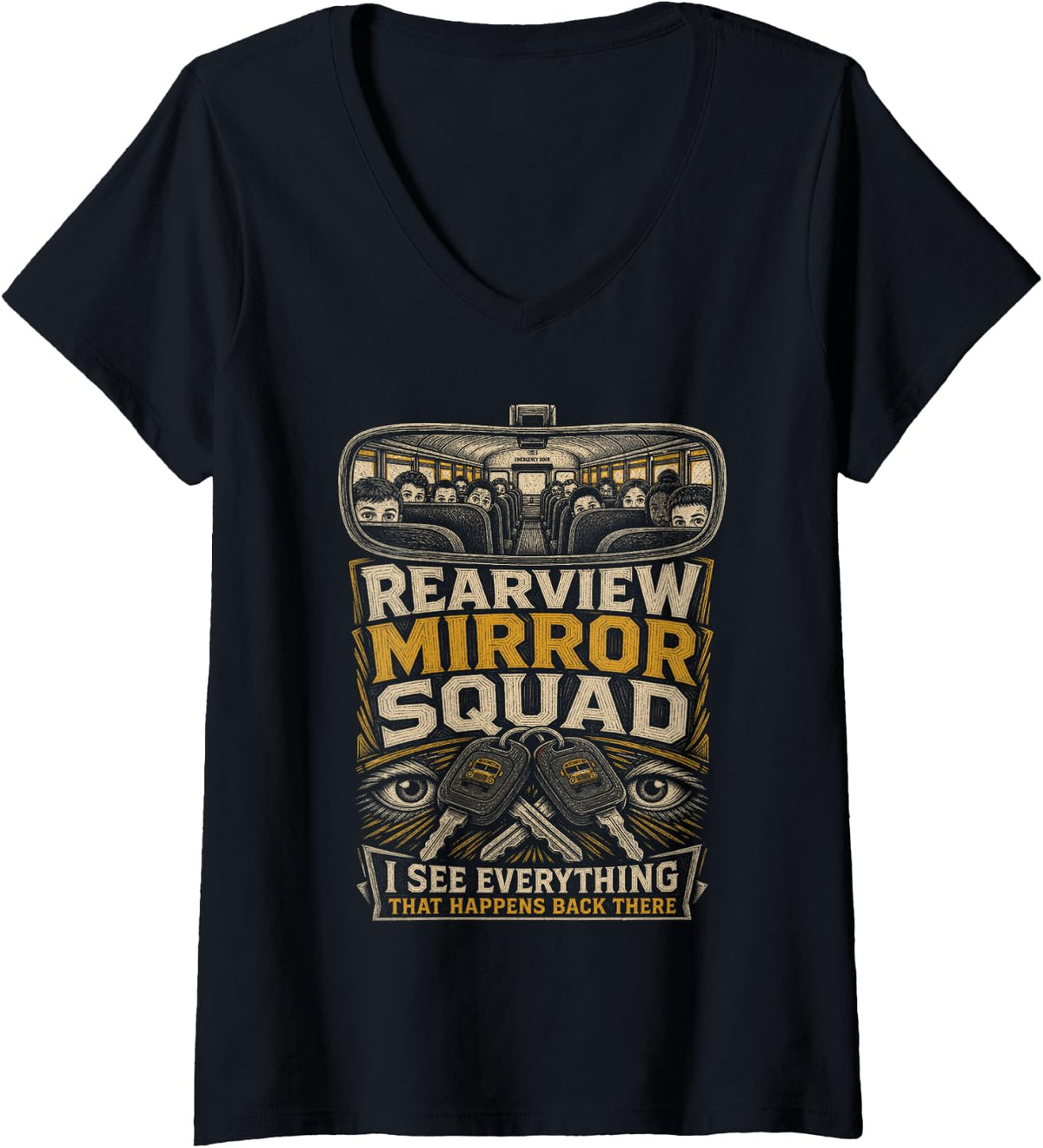 Women's Rearview Mirror Squad School Bus Driver Humor V-Neck T-Shirt - Black