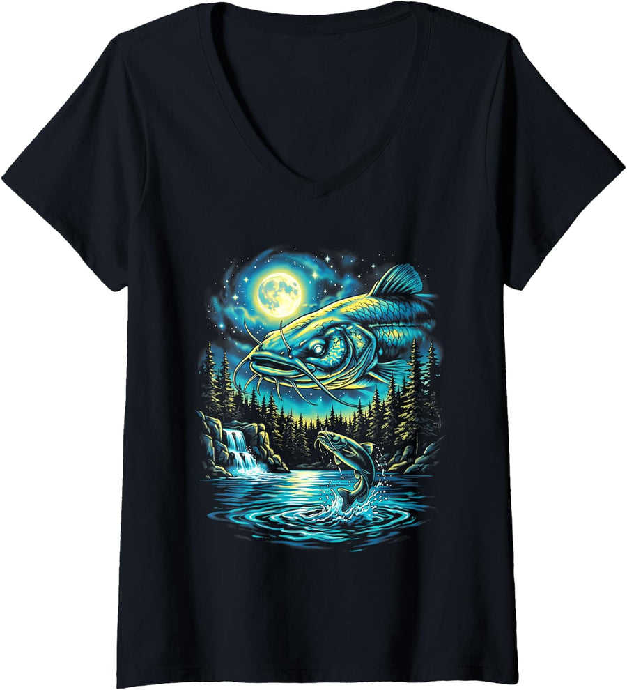 Women's Flathead Catfish Howling to The Moon Vintage Angler V-Neck T-Shirt - Black